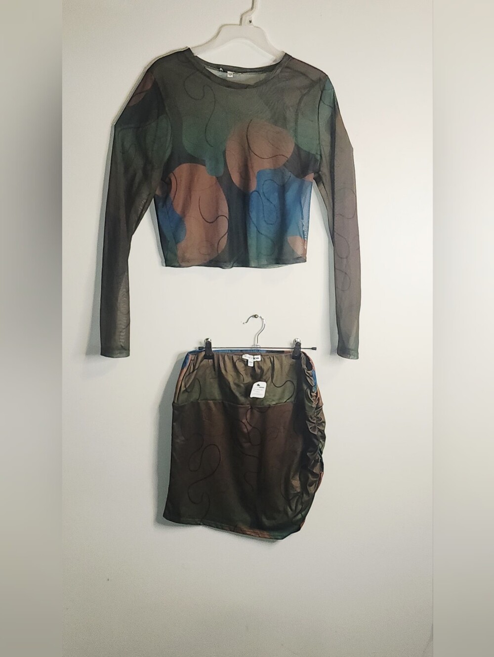 Fashion Nova Abstract Print Mesh Crop Top & Skirt Set - Olive Green